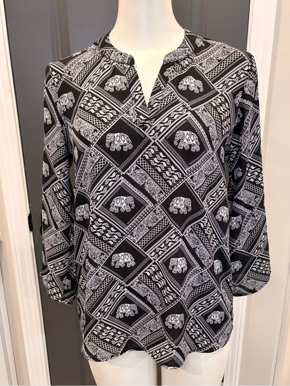 Pink Rose Black & White Elephant Print Tunic- Small